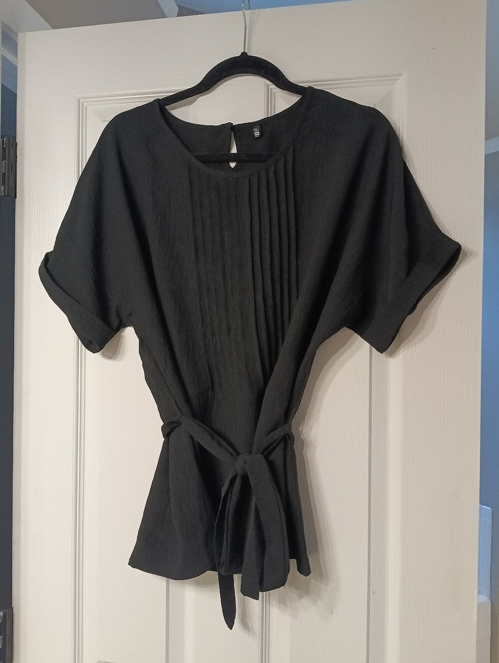 CiCiBird Black Pleated Tie Waist Peplum Blouse XL